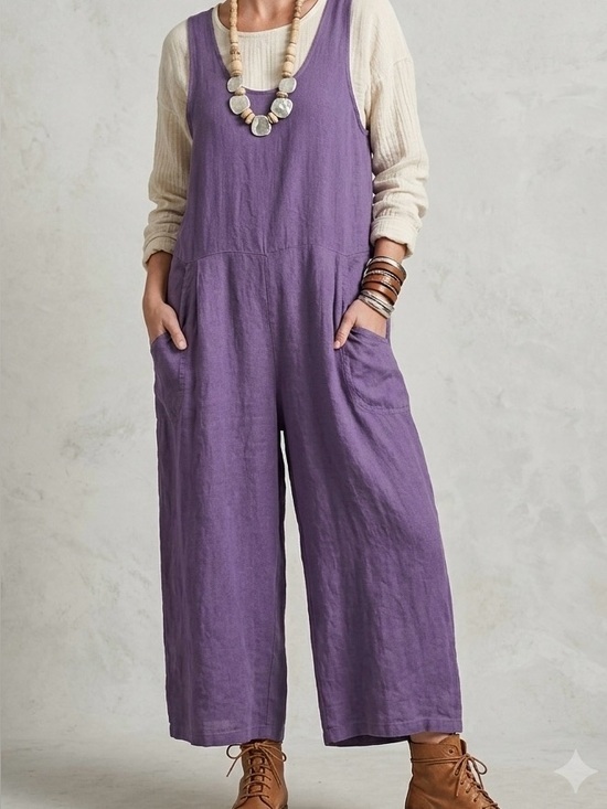 Flax Pants - FLAX Wide Leg Linen Scoop Neck Oversized Jumpsuit in Purple
